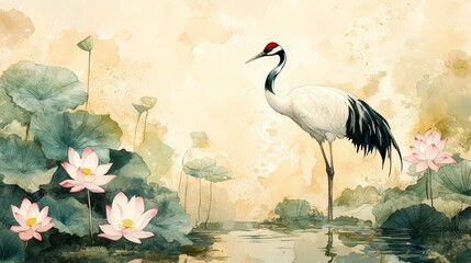 Naklejka premium A Bird Amidst Flowers In Watercolor Painting. A Tranquil Scene.