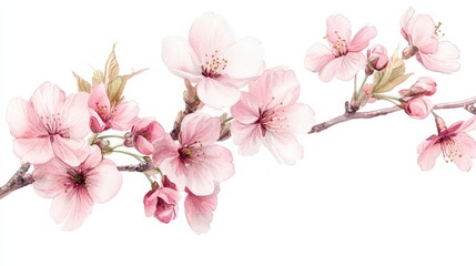 Naklejka premium Delicate Pink Cherry Blossoms on Branch Against White Background