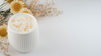 Creamy Milk in White Cup  Minimalist Still Life  Sunlit  Floral Decor