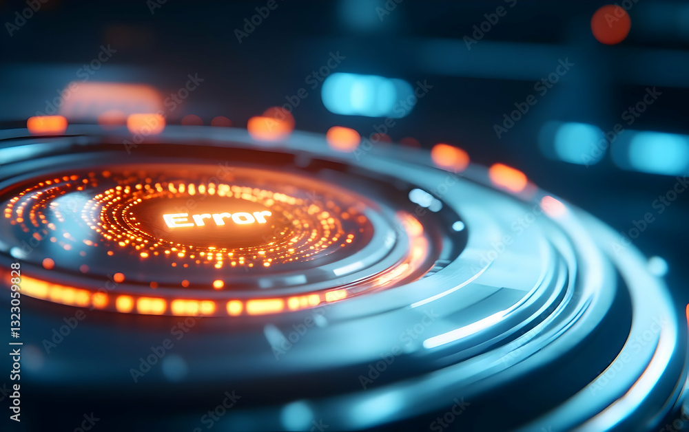Poster close-up of a futuristic error sign illuminated by glowing orange lights on a modern interface. idea