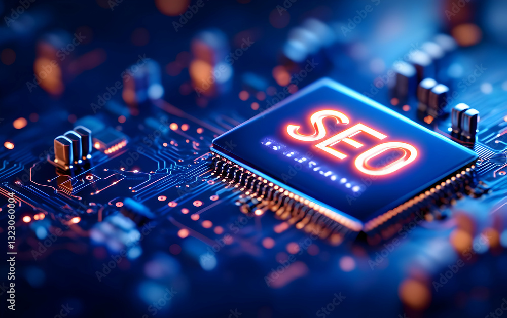 Poster close-up of a microchip with illuminated seo text, showcasing advanced digital technology and innova
