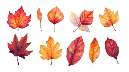 Obraz premium Watercolor Autumn Leaves Collection Red, Orange, And Yellow Hues On