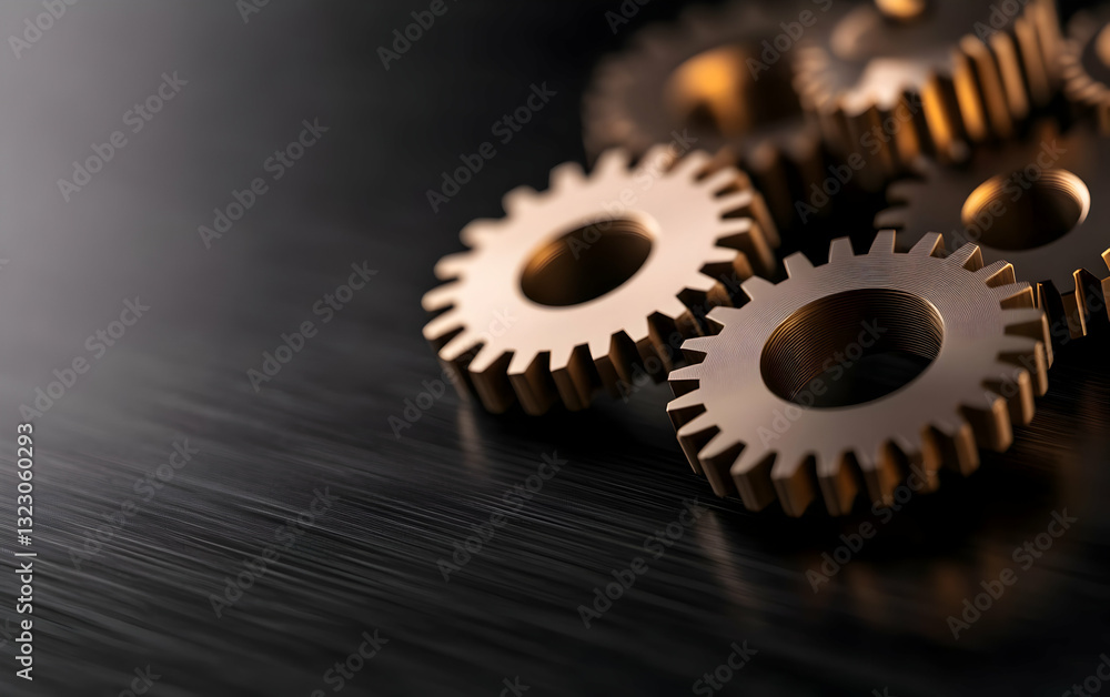 Poster close-up of intricately designed bronze gears on a dark surface, symbolizing precision engineering a