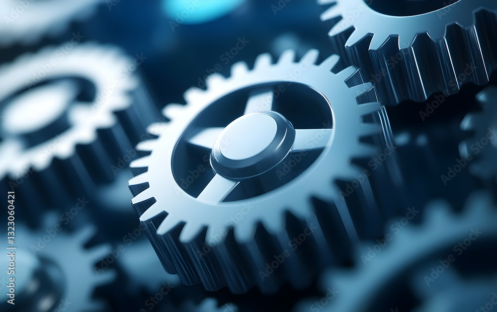 Poster close-up shot of metallic gears symbolizing industry and technology. perfect for illustrating engine