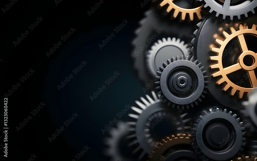 Poster close-up view of intricate gears with metallic colors, showcasing engineering and mechanical design 