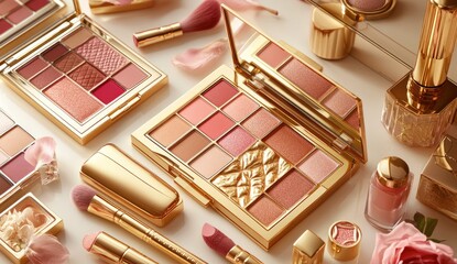 Luxury blush and eyeshadow palettes,  gold-toned packaging,  romantic aesthetic.  Pink and peach tones