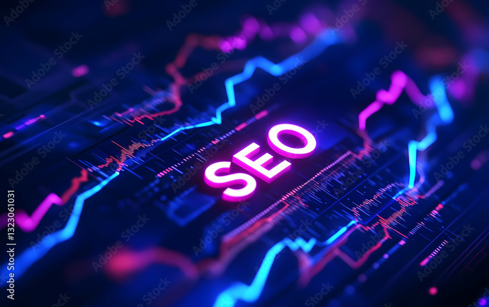 Poster dynamic digital representation of seo trends with vibrant purple and blue lines showcasing data anal