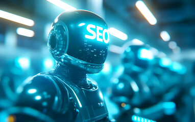 Futuristic robots with glowing SEO signs embody advanced technology and digital trends in a vibrant, high-tech environment.