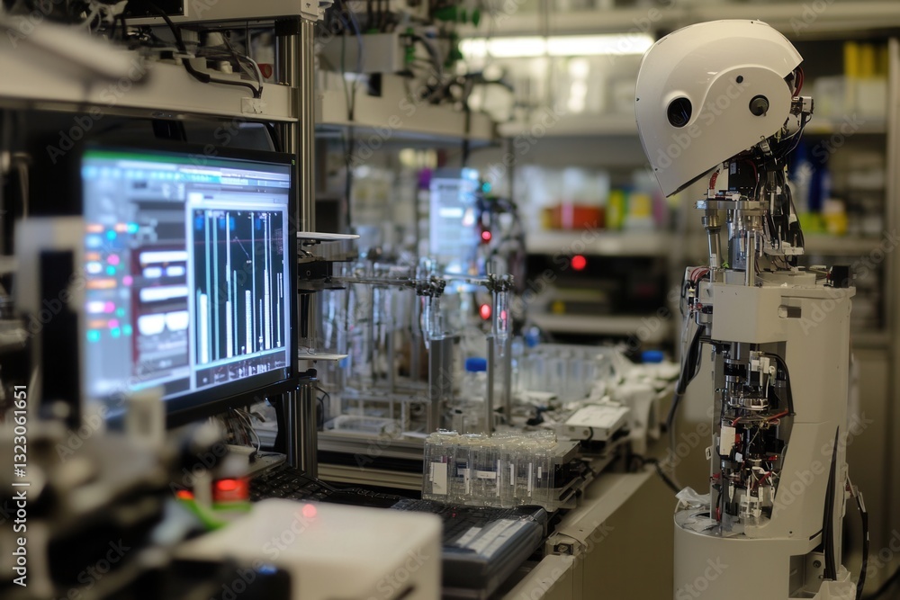 Poster innovative robot operating in high-tech laboratory filled with advanced equipment