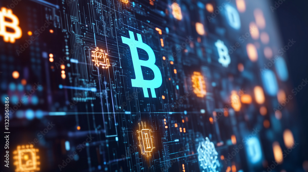 Poster bitcoin's digital realm: an eye-level perspective into the bitcoin symbol amidst a sea of digital ci