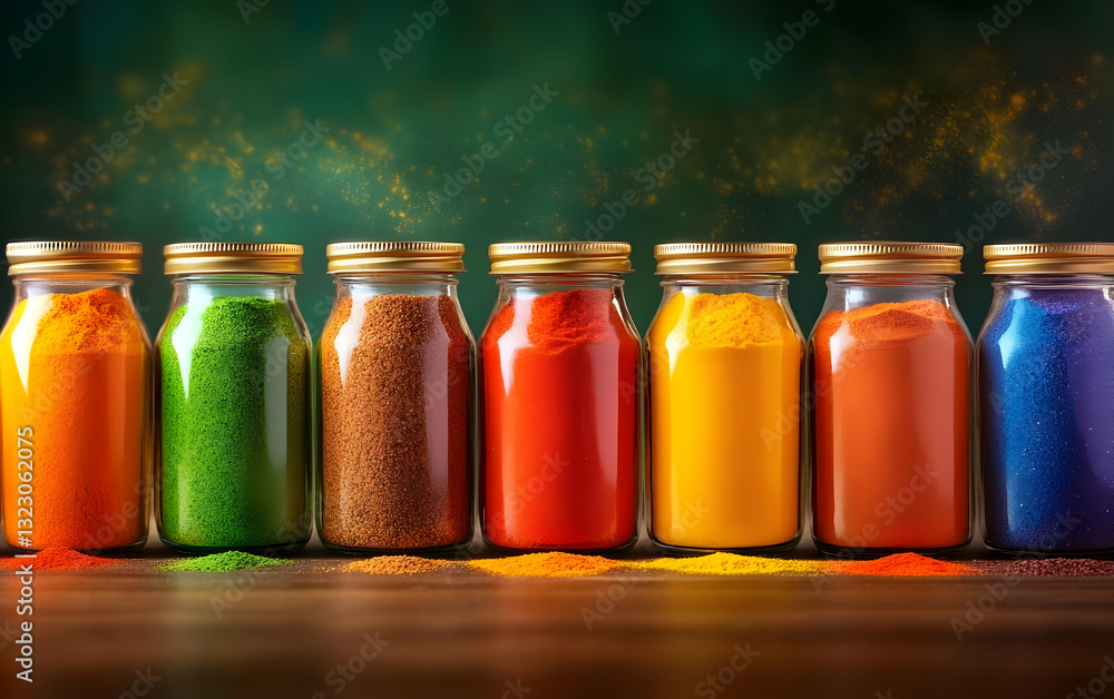 Poster vibrant jars of color powders in a row, showcasing a spectrum of hues against a soft-focus backgroun