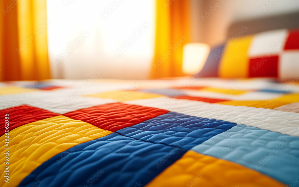 Poster vibrant quilt with colorful patterns on a cozy bed, illuminated by soft natural light, creating a wa