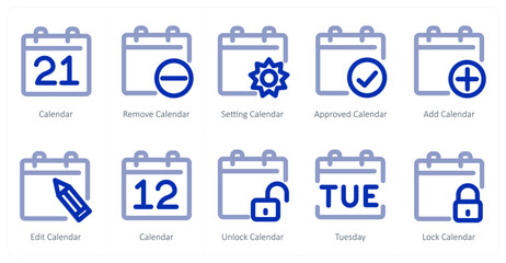 A set of 10 micro icons as calendar, remove calendar, setting calendar