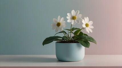 A delicate white flower blooms in a pastel blue pot, surrounded by lush green leaves. Set against a soft gradient background, this minimal aesthetic evokes tranquility and elegance