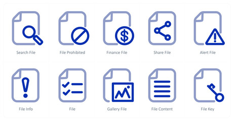A set of 10 micro icons as search file, file prohibited, finance file