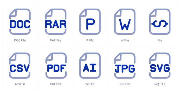 A set of 10 micro icons as doc file, rar file, p file