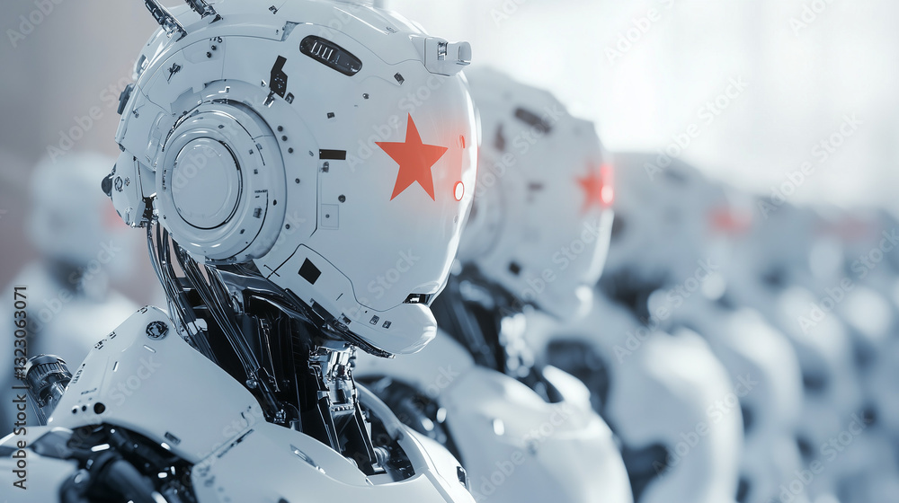 Poster robotic army: a futuristic scene of a robotic army with red star on their face, embodying power and 