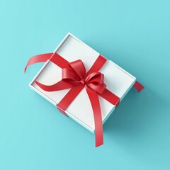 Open present box or blank white gift box with red ribbons and bow isolated on light blue cyan pastel color background with shadow 3D rendering
