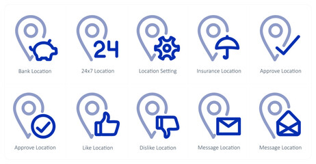 A set of 10 micro icons as bank location, 24x7 location, location setting 