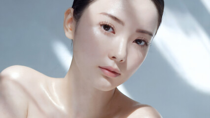 まっすぐカメラを見据える透明感のある肌の日本人女性の顔のクローズアップ