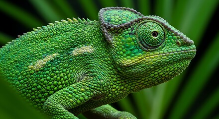 Fototapeta premium Macro shot of a chameleon’s skin texture, bright tropical leaves in the background.