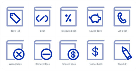 A set of 10 micro icons as book tag, book, discount book, saving book