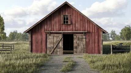Rustic wooden barn in lush green field aged architecture countryside landscape tranquil viewpoint