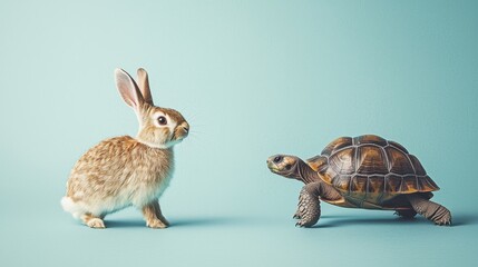 A rabbit and a tortoise face each other against a light blue background, showcasing a whimsical interaction between the two animals.