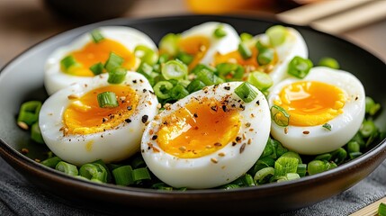 Delicious Soft Boiled Eggs with Green Onions on a Black Plate