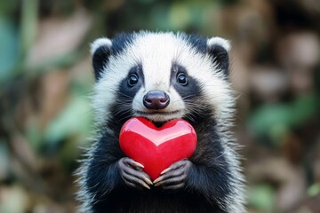 Fototapeta premium Marketing animal conceptual art layout. Badger - my cherished animal. Cute badger baby with diamond red heart on in a natural habitat. Romantic wildlife photography. Wild romance captured.