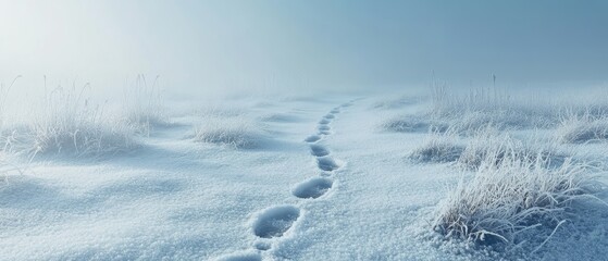 Obraz premium Serene nature photography frosty meadow and rabbit tracks in winter