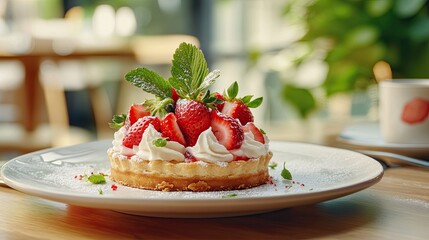 Delicious Fresh Strawberry Tart with Whipped Cream and Mint Garnish