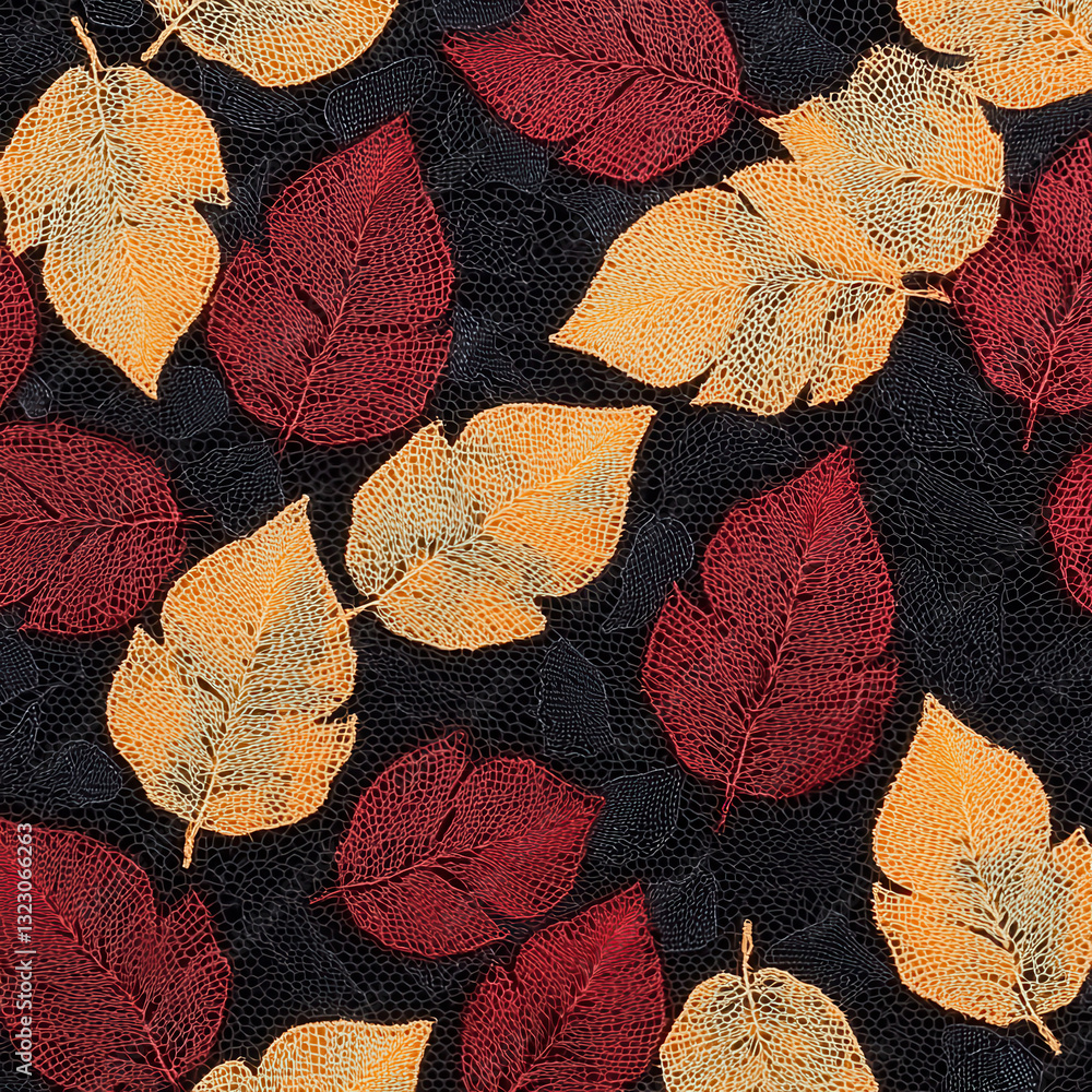 Poster delicate autumn leaves in vibrant colors on dark background create stunning pattern. , seamless patt