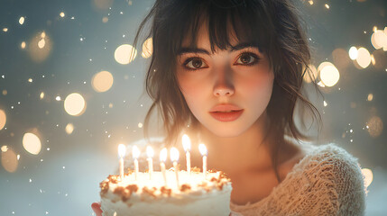 Unrecognizable woman in a festive New Year's mood, holding a cake with sparking candles. The medium shot captures a joyful celebration in soft, muted tones, perfect for New Year’s or party themes