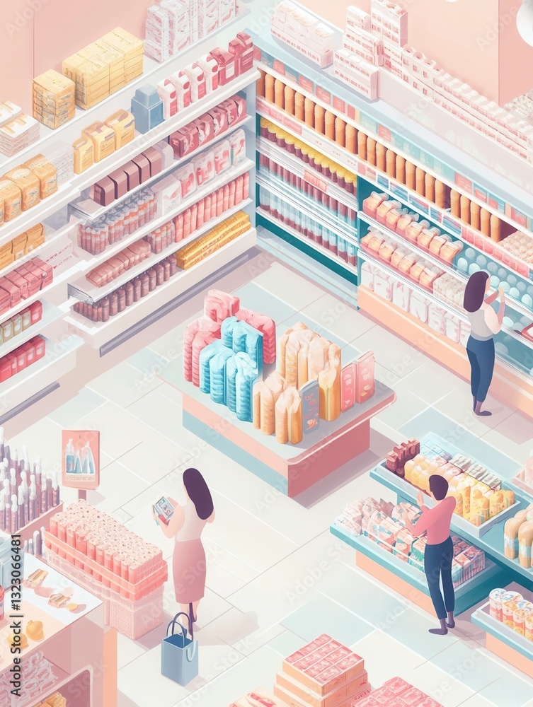 Aufkleber isometric illustration of a colorful grocery store with animated shoppers selecting products and arr