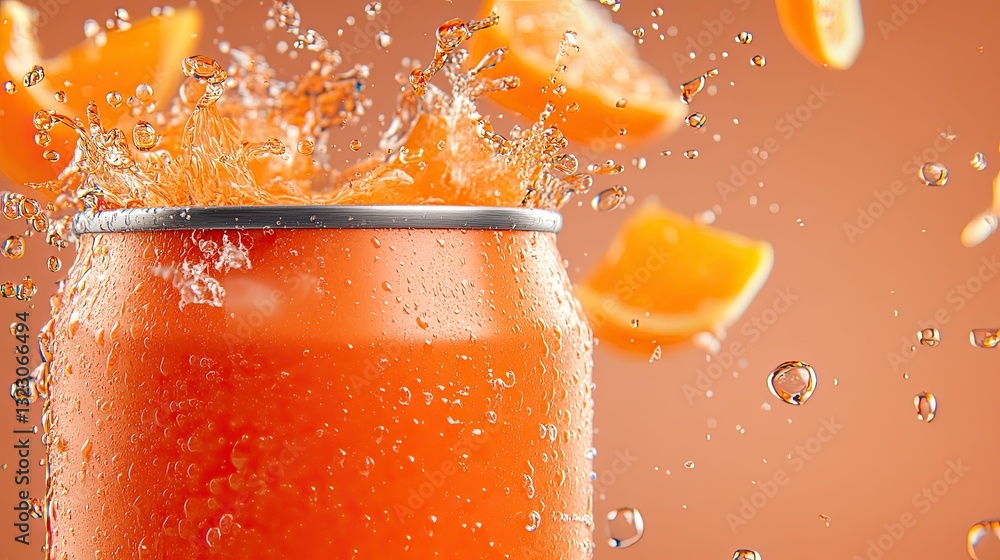Poster refreshing orange beverage with splash and floating citrus slices