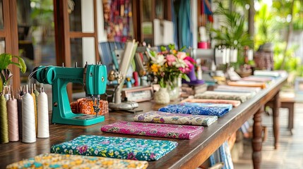 Colorful Sewing Workspace with Fabric, Flowers and Sewing Machine