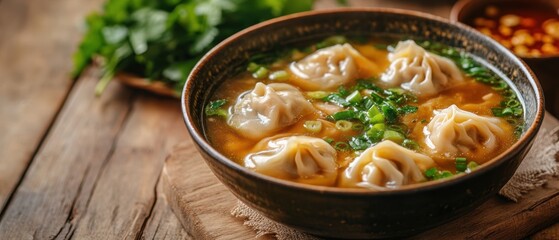 Delicious wonton soup served in a bowl kitchen setting food photography cozy environment top view