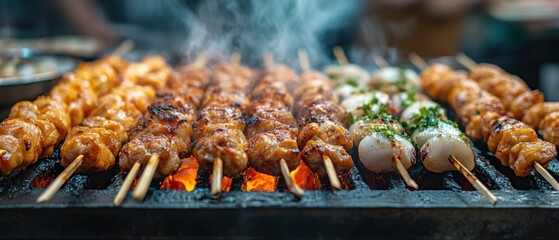 Sizzling skewers a flavorful night market grilling experience in an urban setting