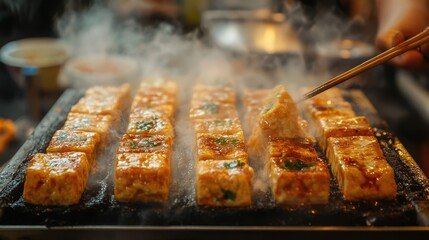 Frying stinky tofu at a taiwanese night market stall street food scene vibrant atmosphere close-up view