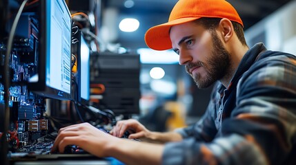 Tech enthusiast troubleshooting hardware office space digital setup