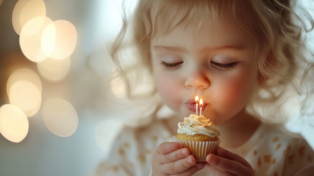 Joyful toddler blowing out birthday candles on cupcake in cozy home celebration photography