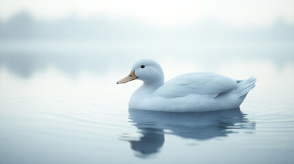 Obraz premium White Pekin duck - Anas platyrhynchos domestics - is an American breed of domestic duck originally from China, raised primarily for meat. Swimming in water, Isolated on white background 