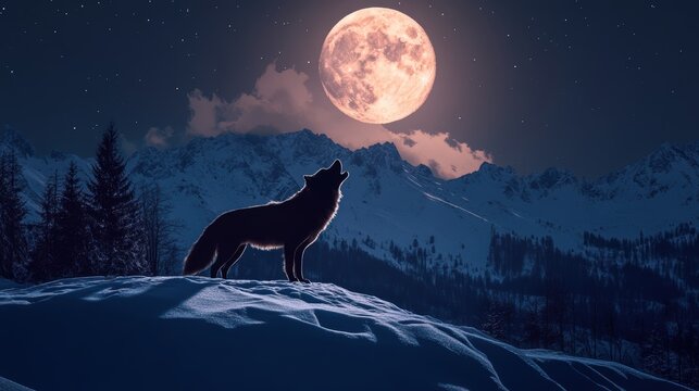 Wolf howling at full moon snowy mountain range nature scene nighttime dramatic viewpoint
