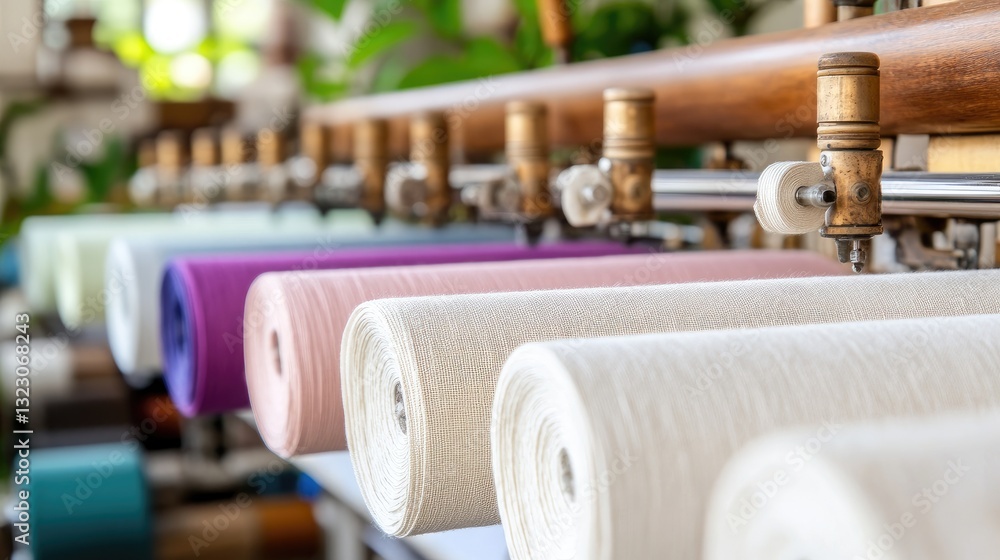 Poster colorful spools of thread on a textile machine in a workshop