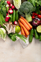 Assortment of fresh organic vegetables in rainbow colors.