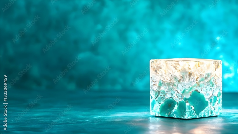 Poster a transparent cube with a textured surface, illuminated to reveal a glowing turquoise color against 