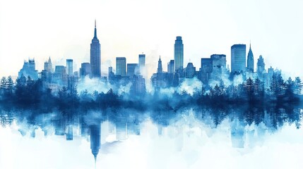 Fototapeta premium Blue watercolor cityscape skyline reflection.
