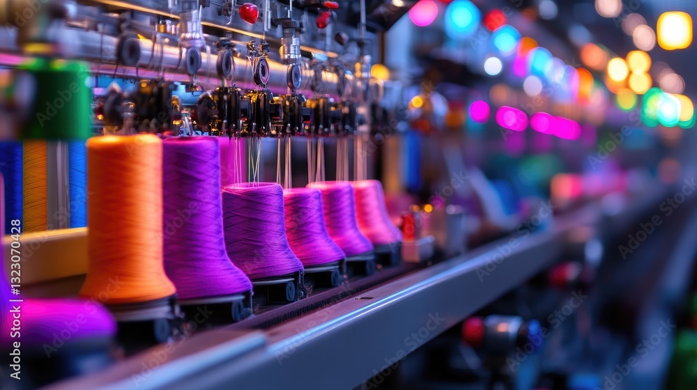 Poster vibrant spools of thread in textile factory with colorful background