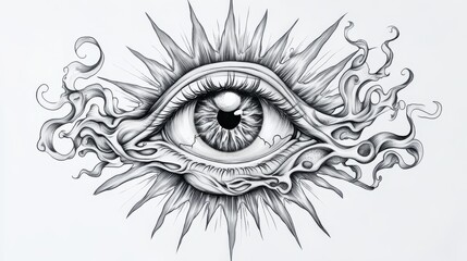 Tattoo flash of a man's eye surrounded by sun rays, clean and bold on a white background. 